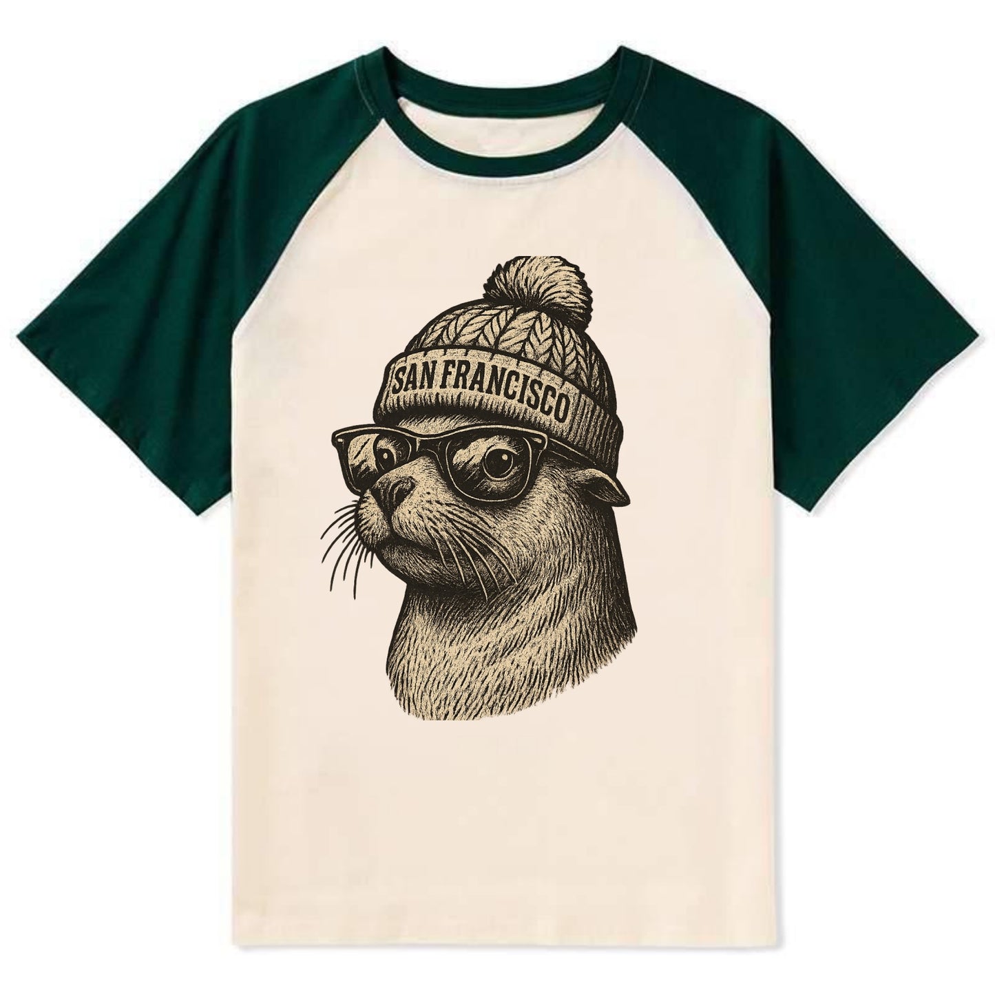 San Francisco Sea Lion wearing San Francisco beanie with pom pom and - Contrast Raglan T-shirt - Green