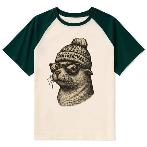 San Francisco Sea Lion wearing San Francisco beanie with pom pom and - Contrast Raglan T-shirt