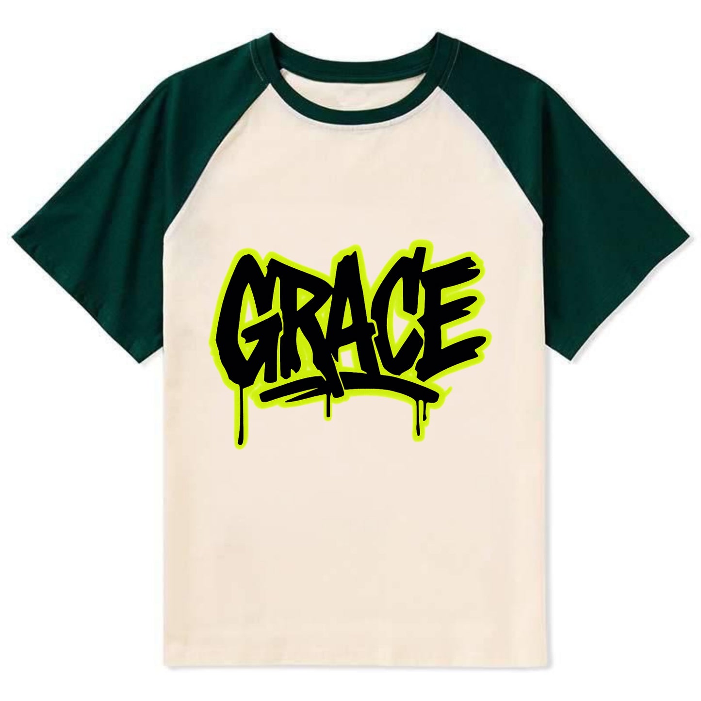 Bold typography design - "GRACE" - elegance under pressure, divine favor - Contrast Raglan T-shirt - Green