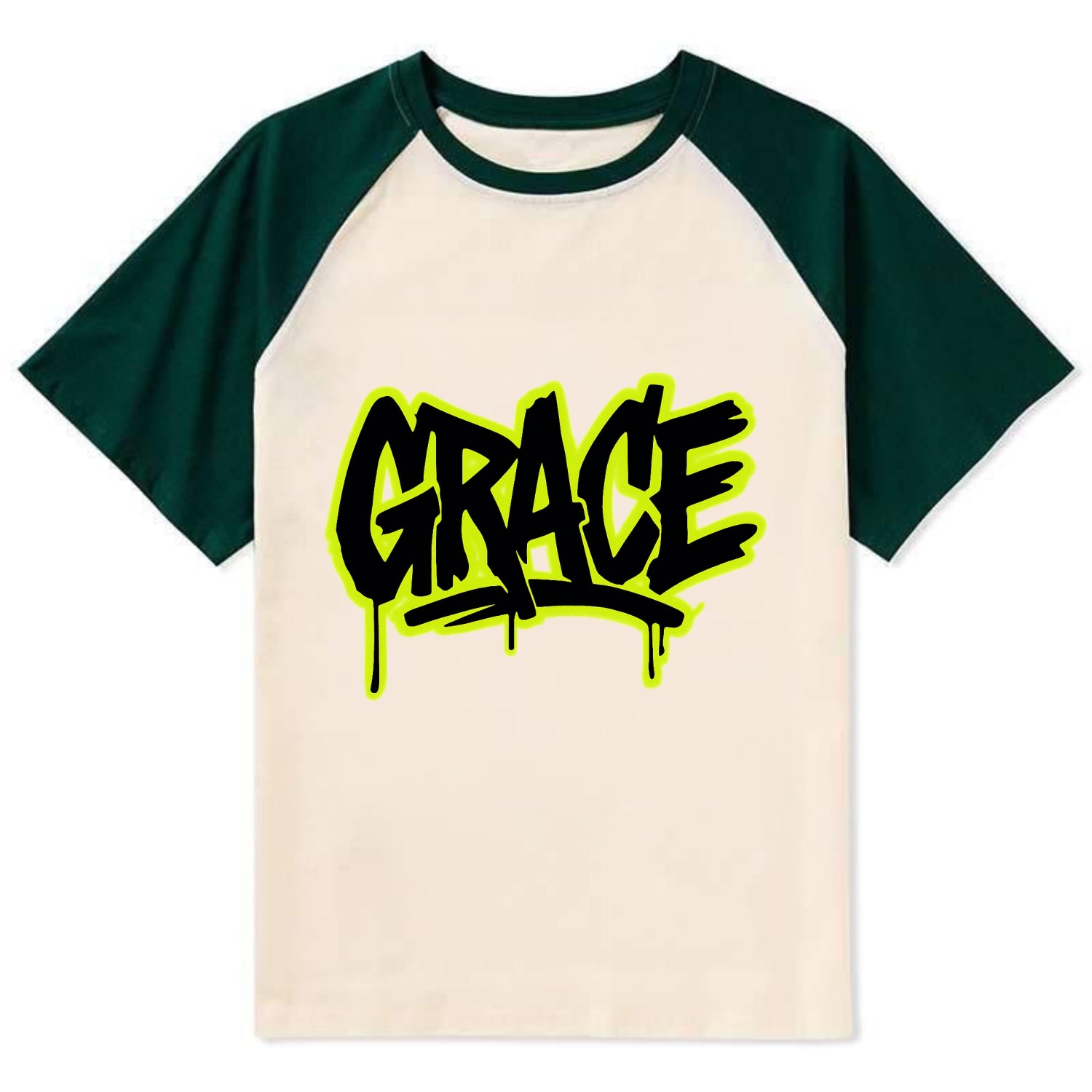 Bold typography design - "GRACE" - elegance under pressure, divine favor - Contrast Raglan T-shirt - Green