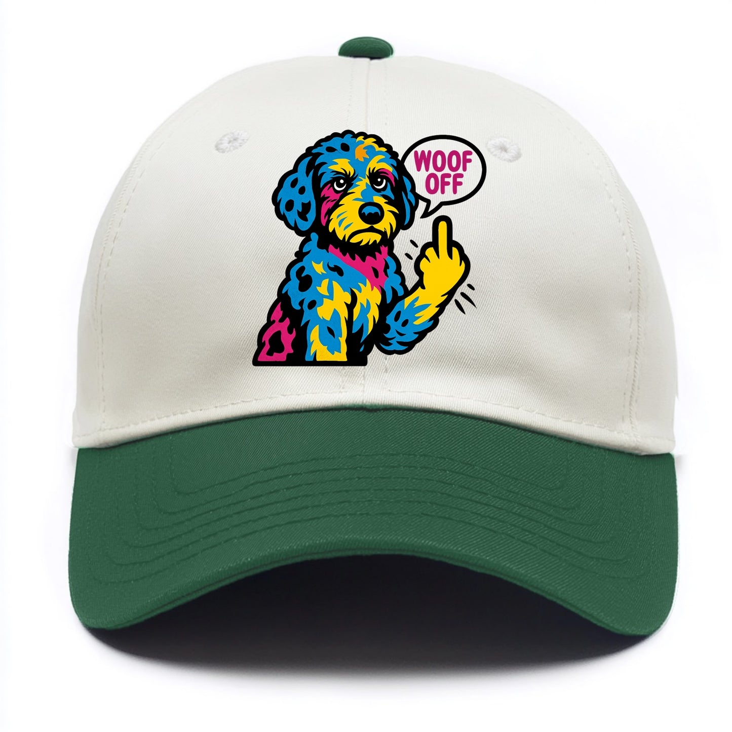 Aussiedoodle with merle patches and curly coat, playful smart paw raised - Two Tone Cap - Green