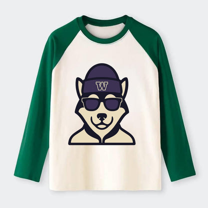 Seattle Husky wearing Washington beanie with W patch - Raglan Long Sleeve T-Shirt - Green