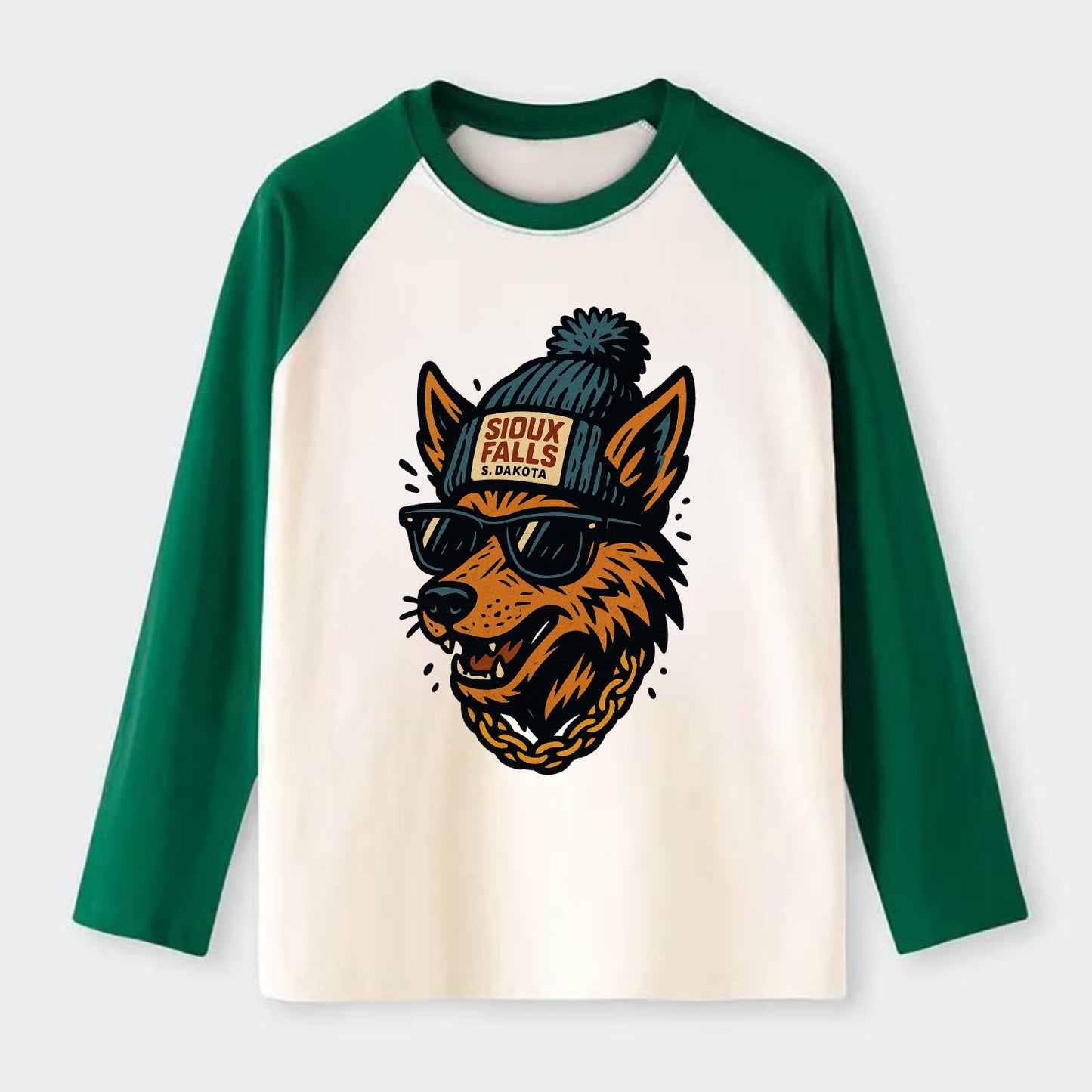 South Dakota Coyote wearing Sioux Falls beanie with pom pom and - Raglan Long Sleeve T-Shirt - Green