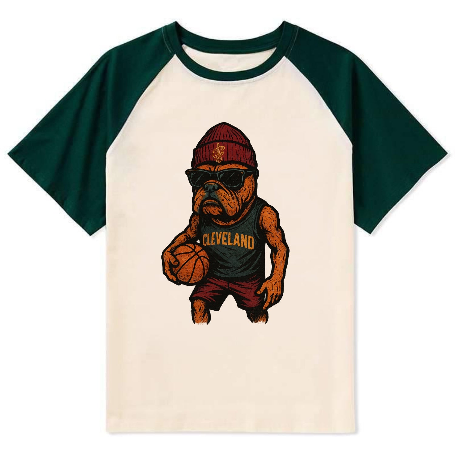Cleveland Bulldog wearing Cavaliers wine and gold beanie with sword patch - Contrast Raglan T-shirt - Green