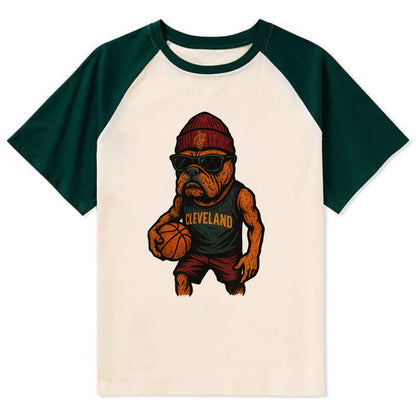 Cleveland Bulldog wearing Cavaliers wine and gold beanie with sword patch - Contrast Raglan T-shirt - Green