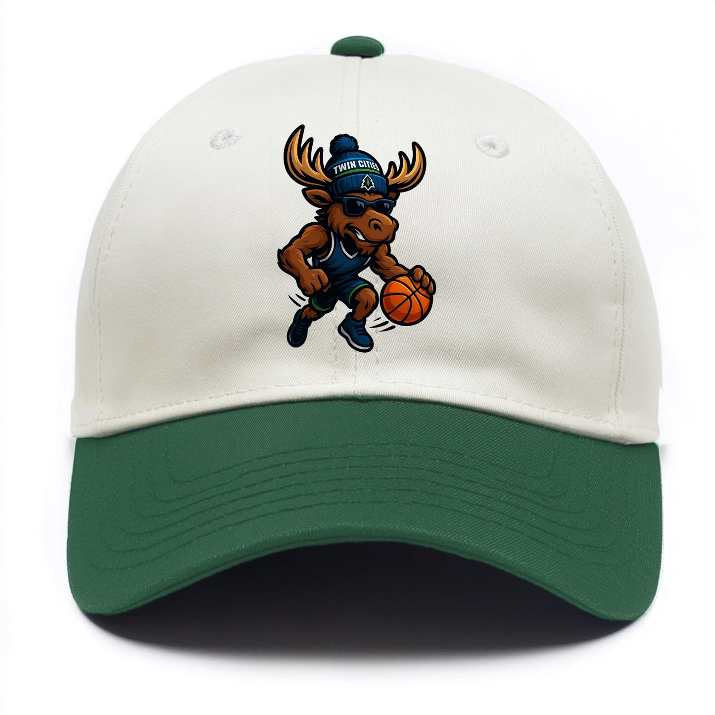 Twin Cities Moose wearing Timberwolves beanie with pine tree patch and wayfarer - Two Tone Cap - Green
