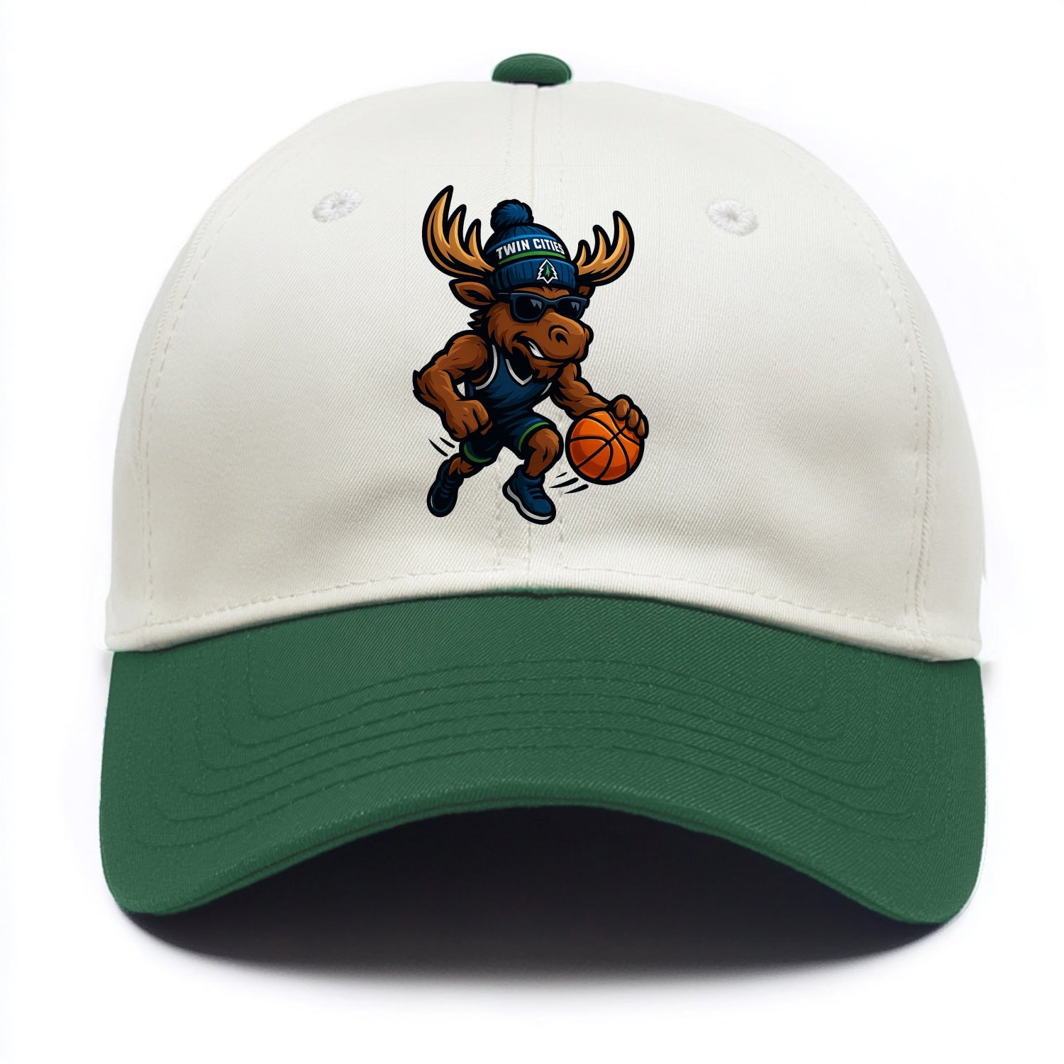Twin Cities Moose wearing Timberwolves beanie with pine tree patch and wayfarer - Two Tone Cap - Green