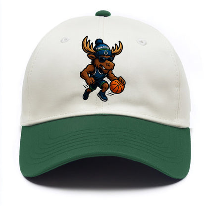 Twin Cities Moose wearing Timberwolves beanie with pine tree patch and wayfarer - Two Tone Cap - Green