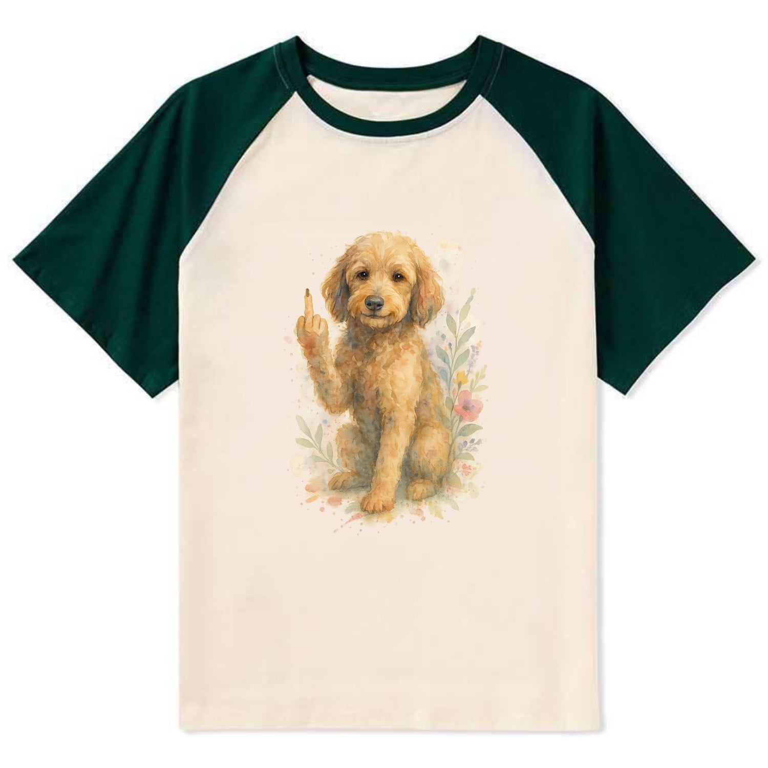 Labradoodle hypoallergenic with wavy coat, intelligent eyes, paw raised - Contrast Raglan T-shirt - Green