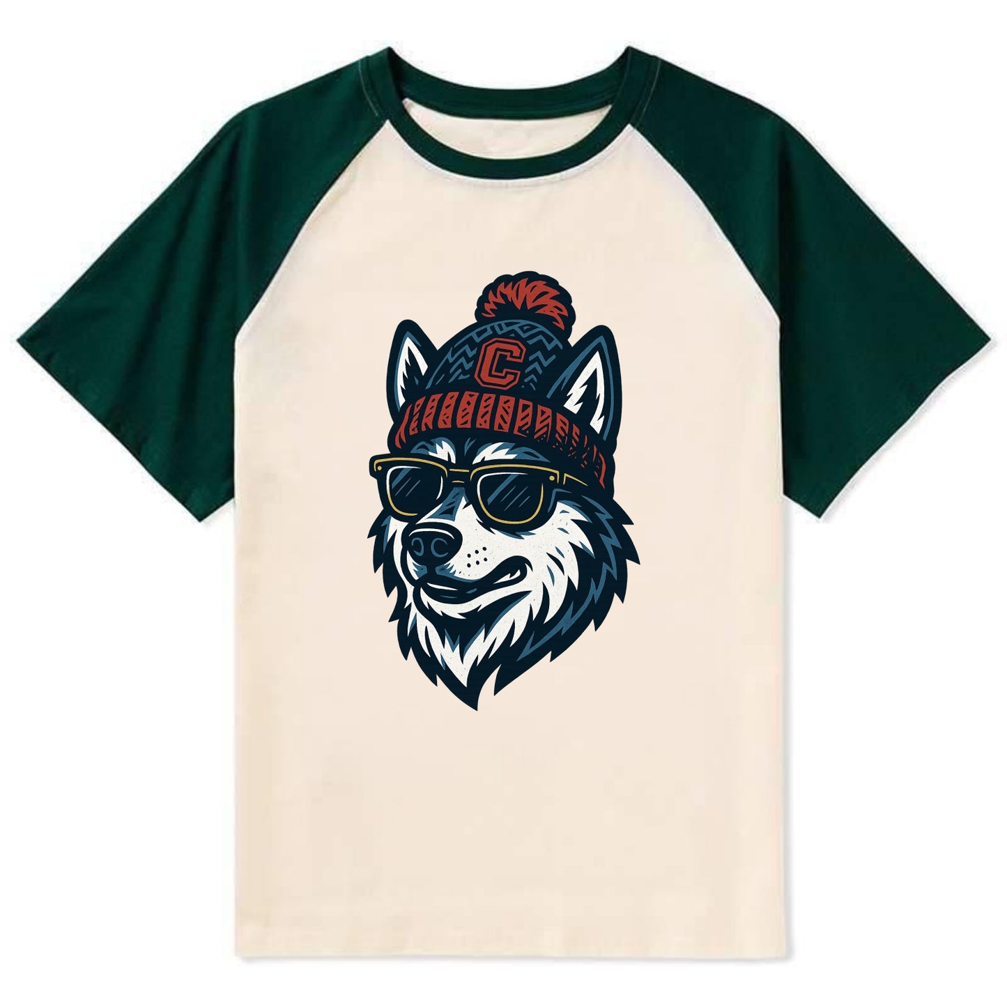 Storrs Husky wearing UConn beanie with C patch - Contrast Raglan T-shirt - Green