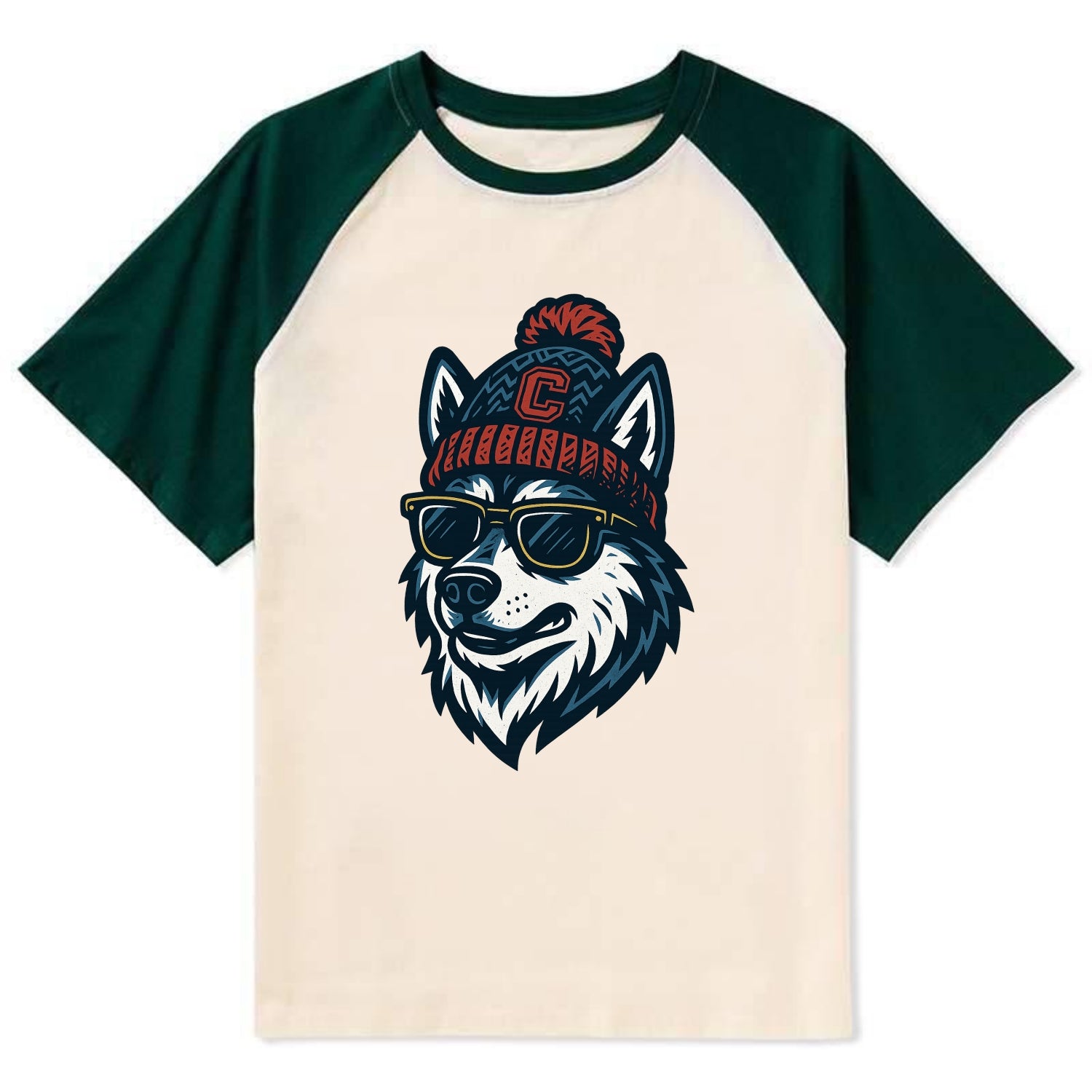 Storrs Husky wearing UConn beanie with C patch - Contrast Raglan T-shirt - Green