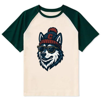 Storrs Husky wearing UConn beanie with C patch - Contrast Raglan T-shirt - Green