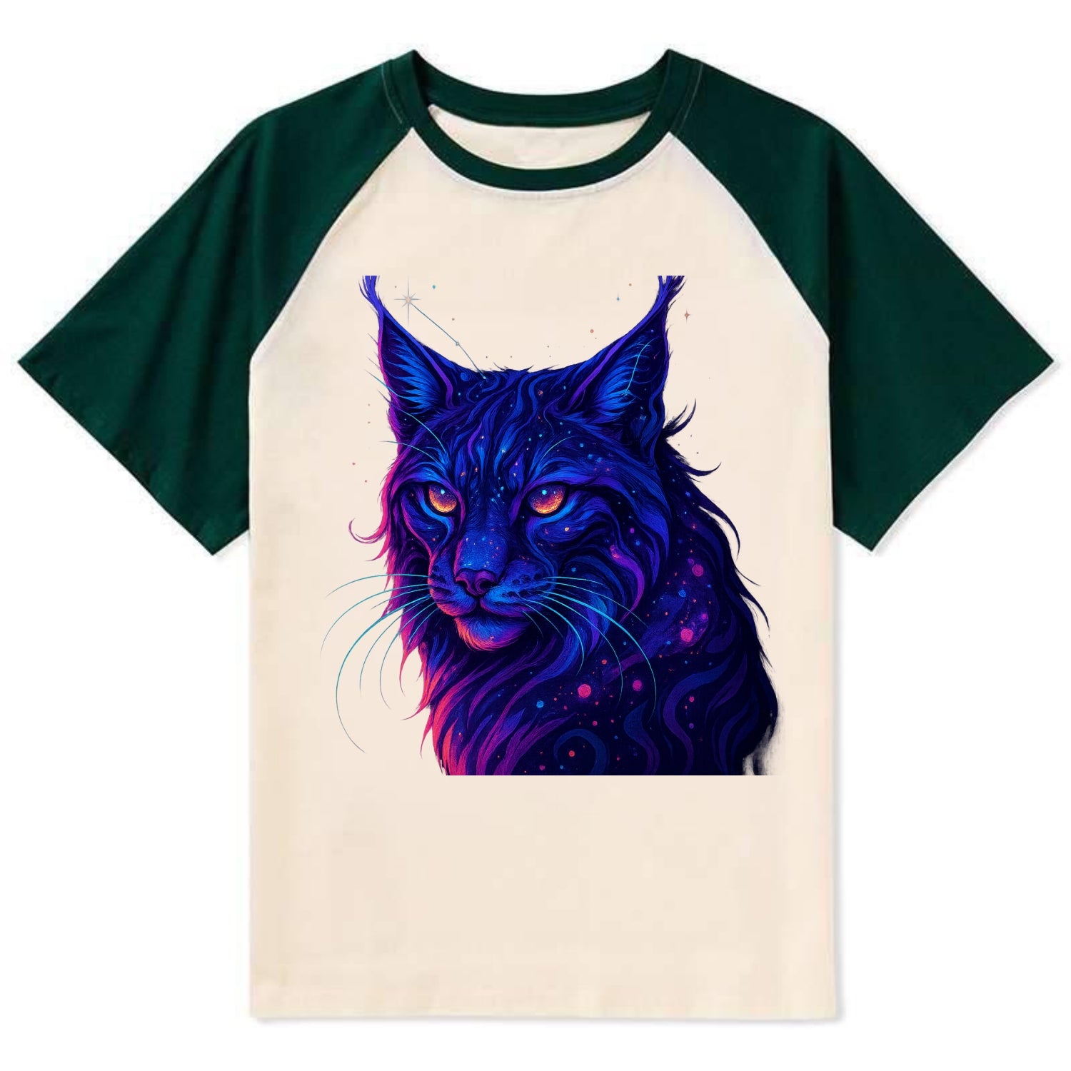 Stealthy lynx with ear tufts forming constellation patterns, nebula spots - Contrast Raglan T-shirt - Green