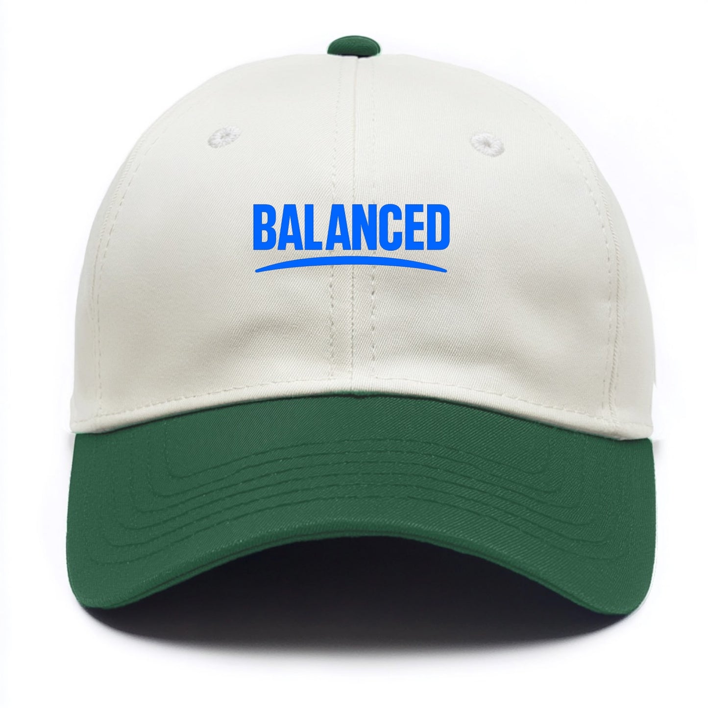 Bold typography design - "BALANCED" - harmony, equilibrium, centered life - Two Tone Cap - Green