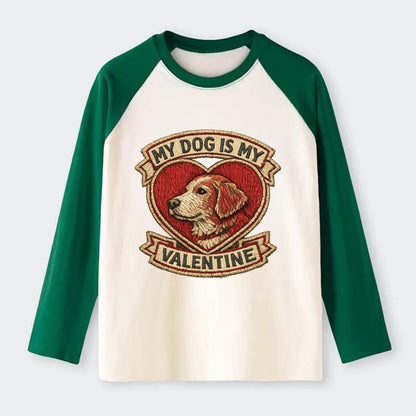 MY DOG IS MY VALENTINE - heart with dog in red , single pet owner - Raglan Long Sleeve T-Shirt - Green