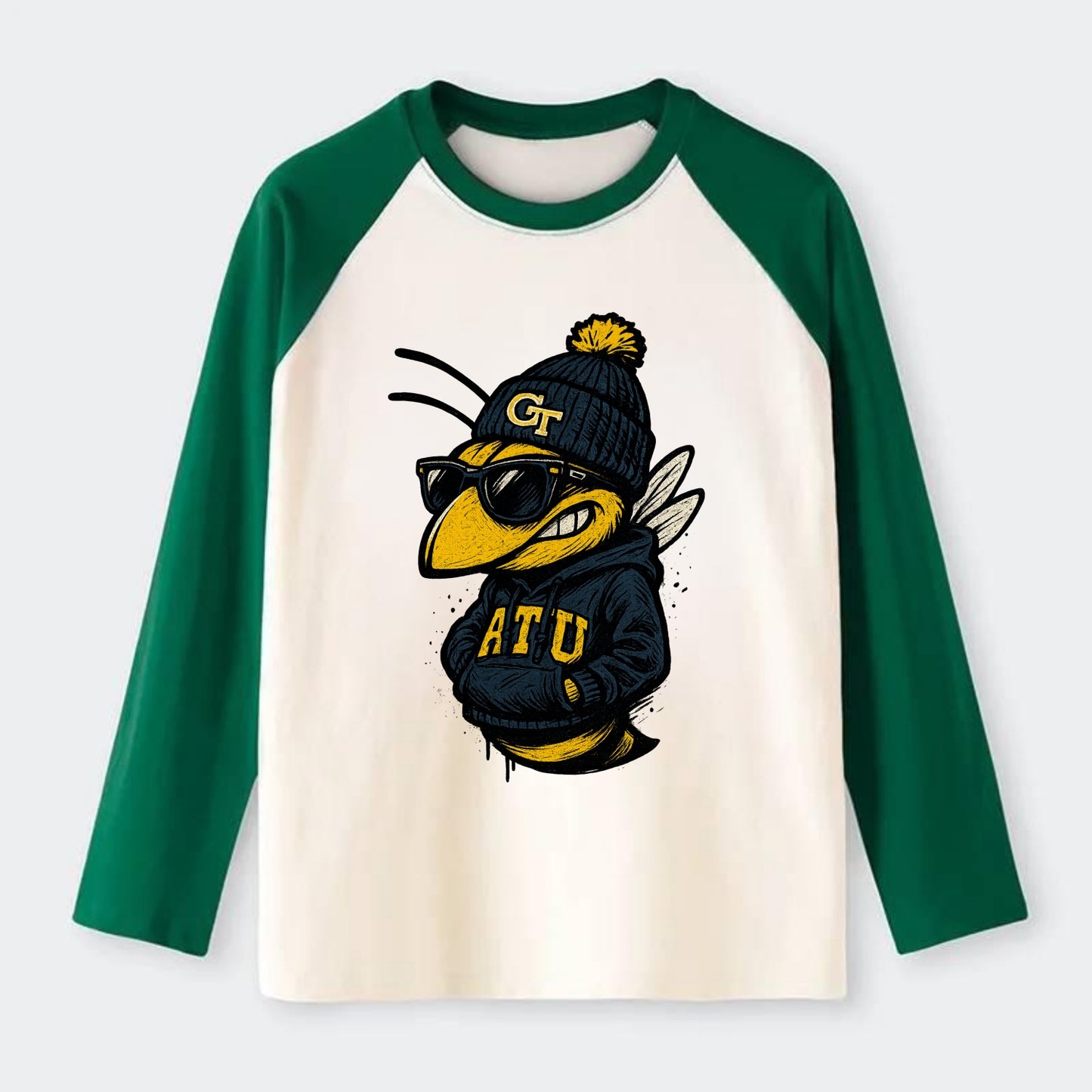 Atlanta Yellow Jacket wearing Georgia Tech beanie with GT patch - Raglan Long Sleeve T-Shirt - Green