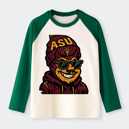 Tempe Sparky wearing Arizona State beanie with fork patch - Raglan Long Sleeve T-Shirt - Green