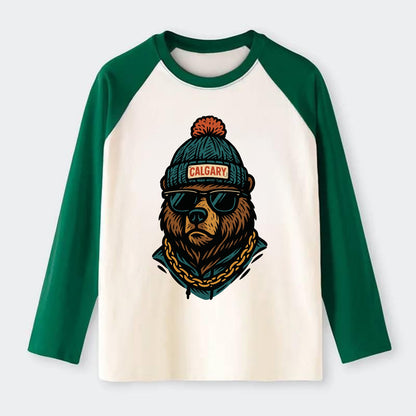Calgary Grizzly Bear wearing Calgary beanie with pom pom and wayfarer - Raglan Long Sleeve T-Shirt - Green