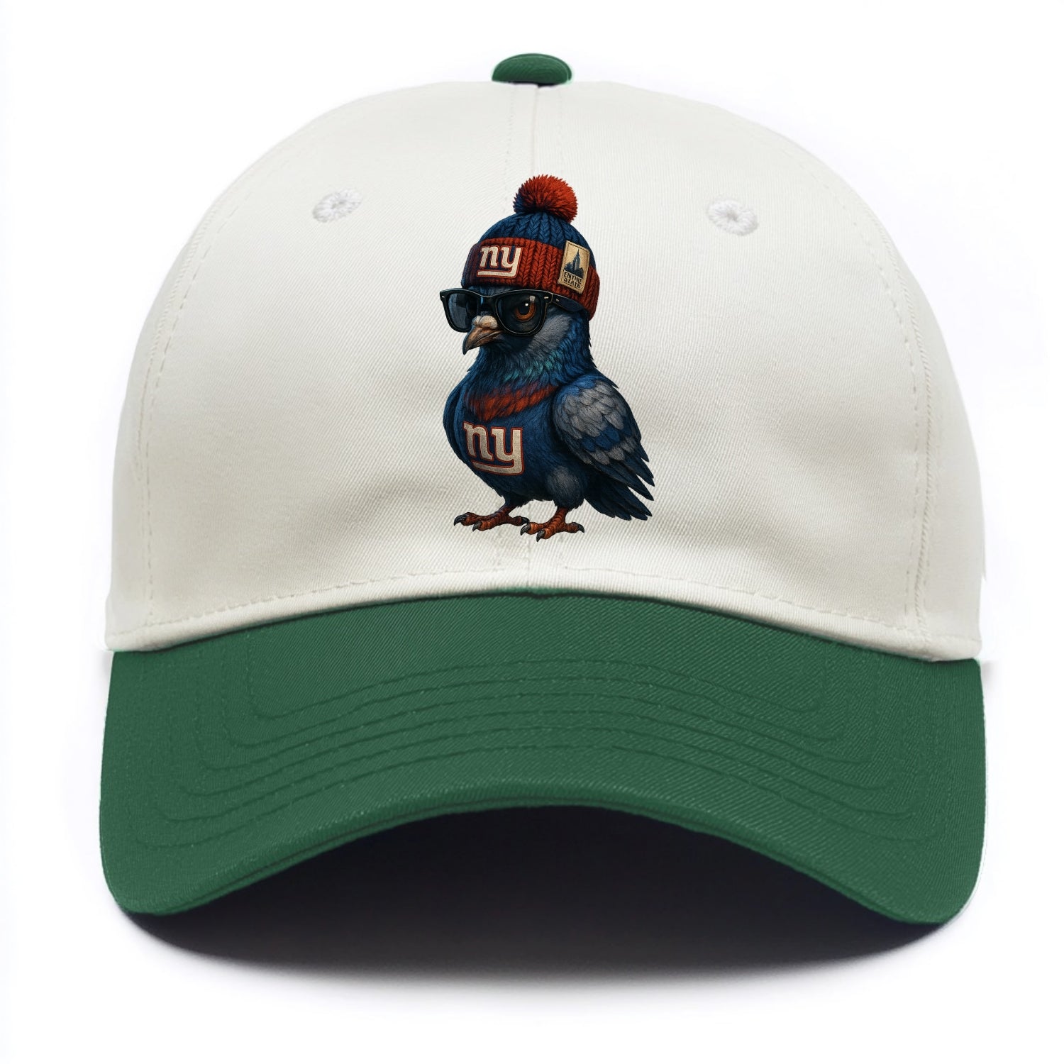 Manhattan Pigeon wearing Giants beanie with Empire State patch and wayfarer - Two Tone Cap - Green