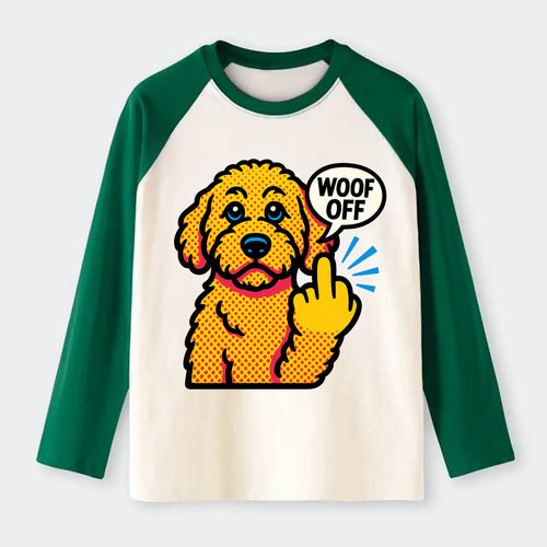 Goldendoodle with teddy bear face and curly golden coat, friendly paw - Raglan Long Sleeve T-Shirt