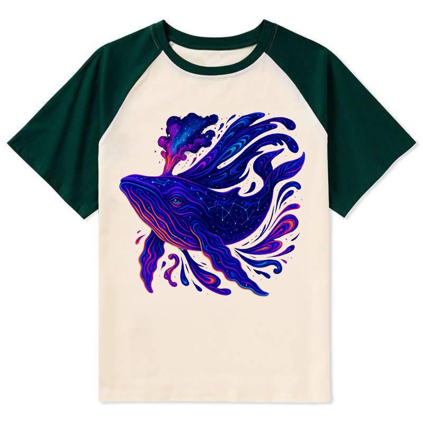 Majestic whale with body composed of galaxy clusters, stellar fins - Contrast Raglan T-shirt - Green
