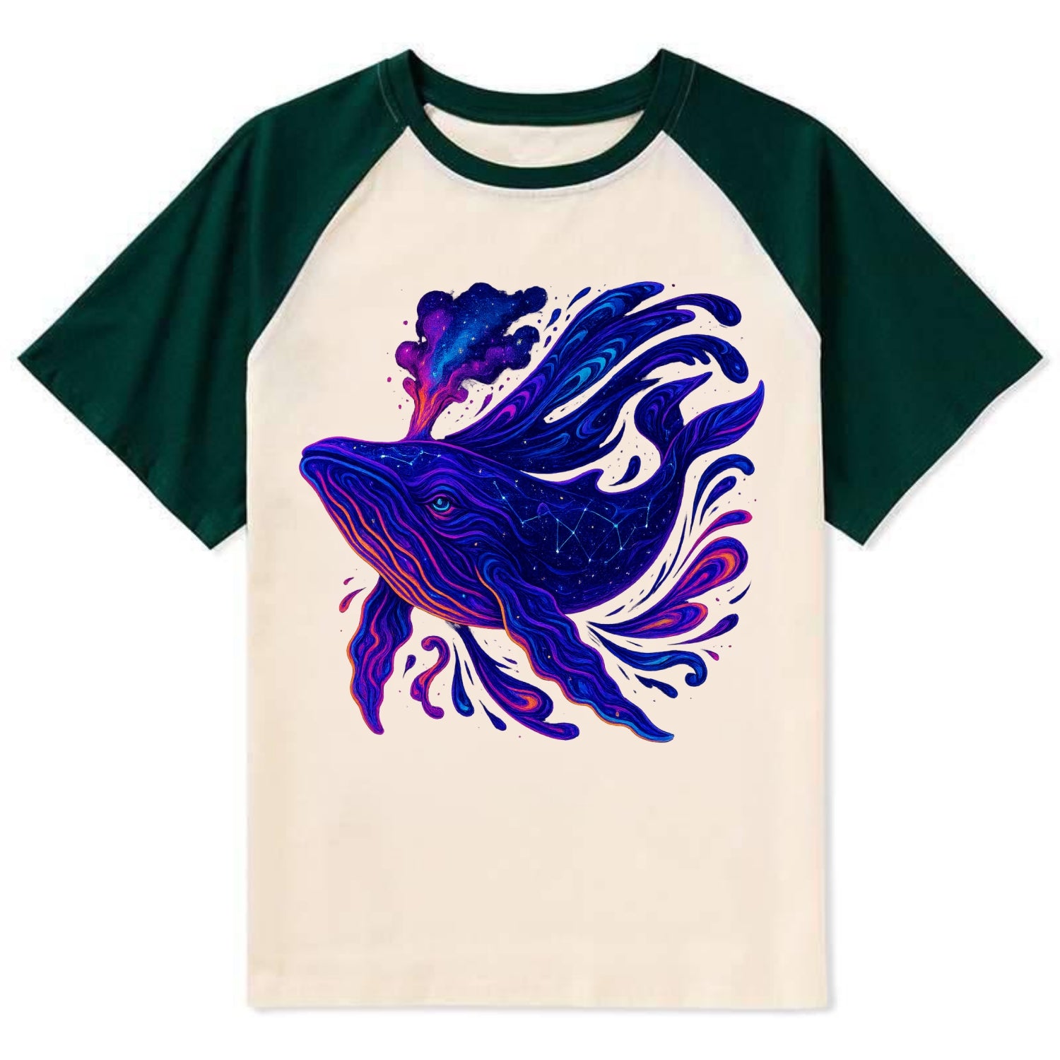Majestic whale with body composed of galaxy clusters, stellar fins - Contrast Raglan T-shirt - Green