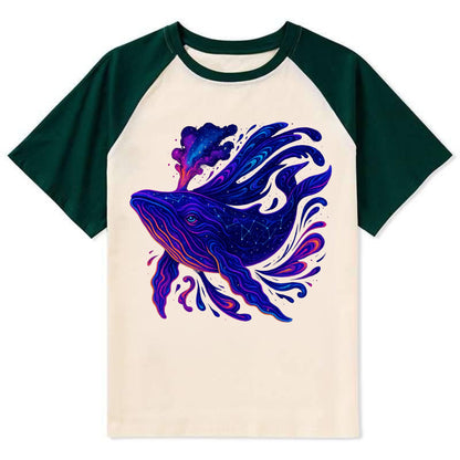 Majestic whale with body composed of galaxy clusters, stellar fins - Contrast Raglan T-shirt - Green