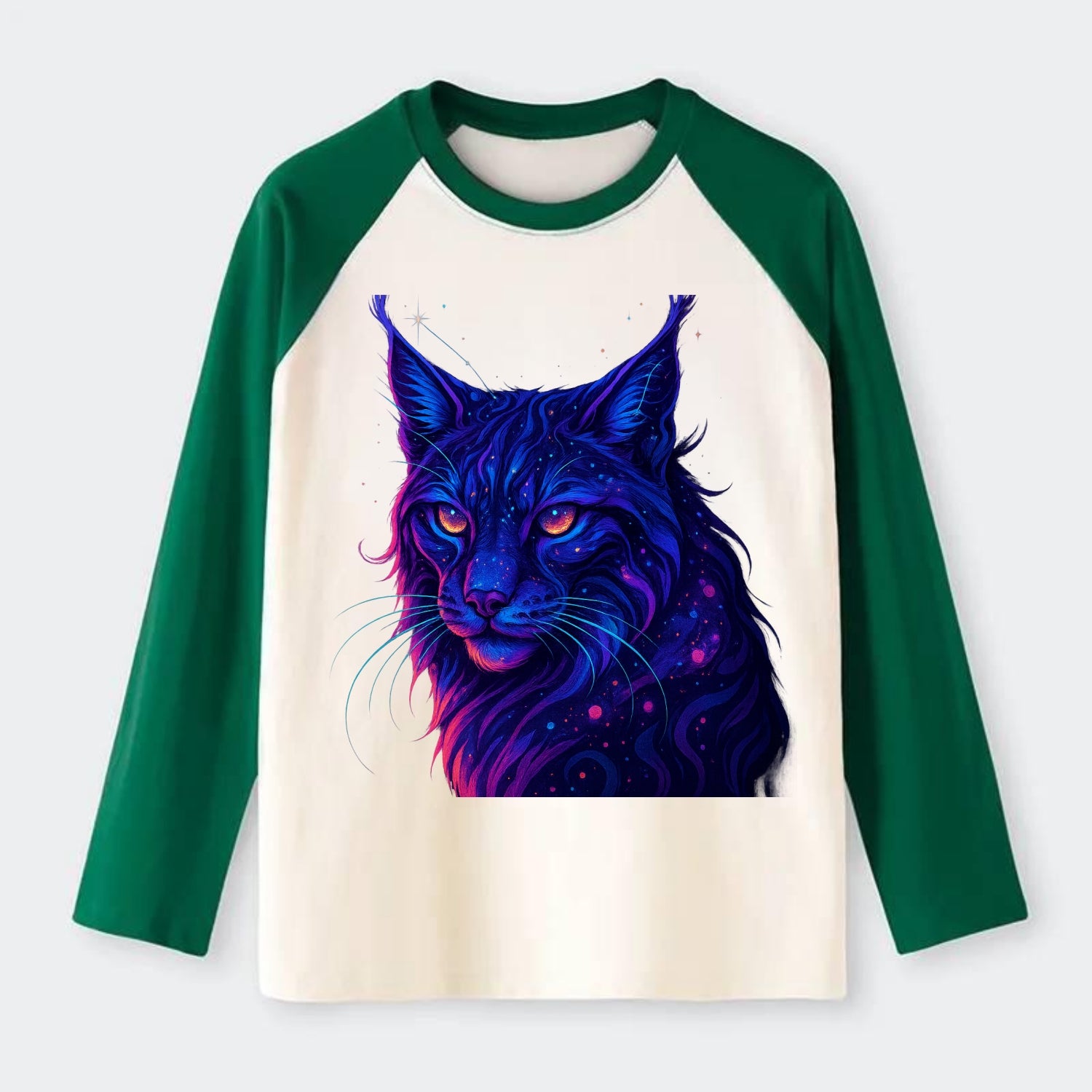 Stealthy lynx with ear tufts forming constellation patterns, nebula - Raglan Long Sleeve T-Shirt - Green
