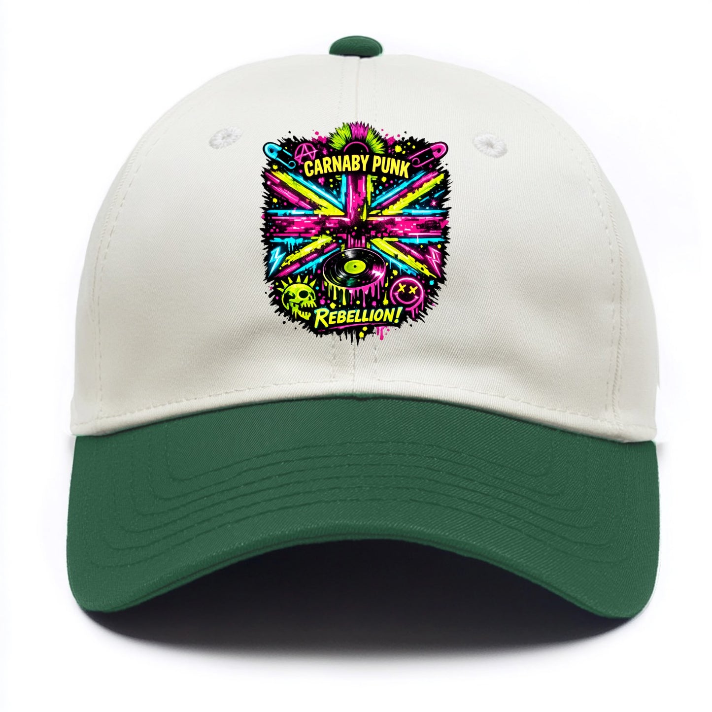 CARNABY PUNK | Swinging 60s meets 70s punk | Psychedelic Union Jack pattern | Bold - Two Tone Cap - Green