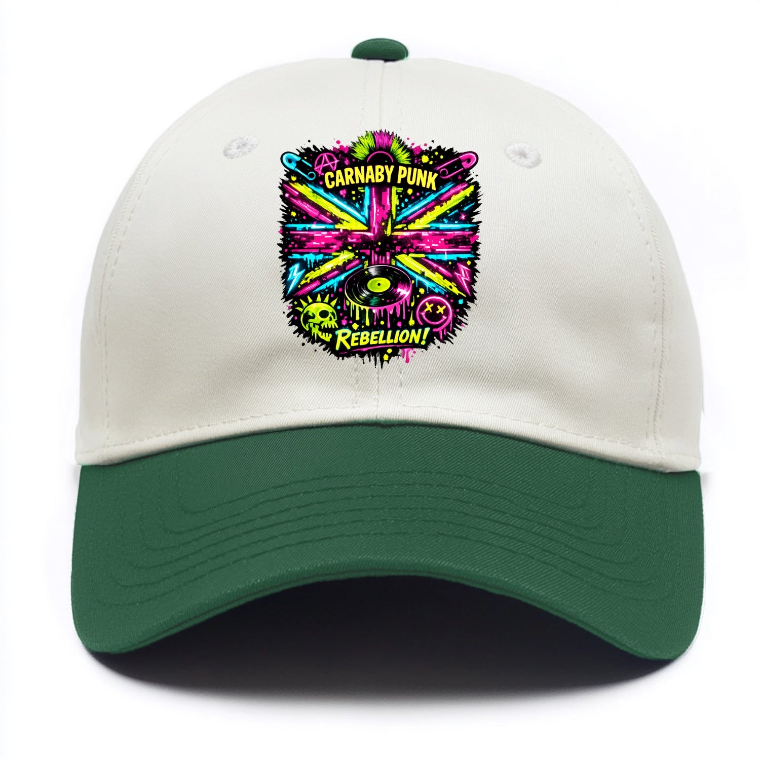 CARNABY PUNK | Swinging 60s meets 70s punk | Psychedelic Union Jack pattern | Bold - Two Tone Cap - Green