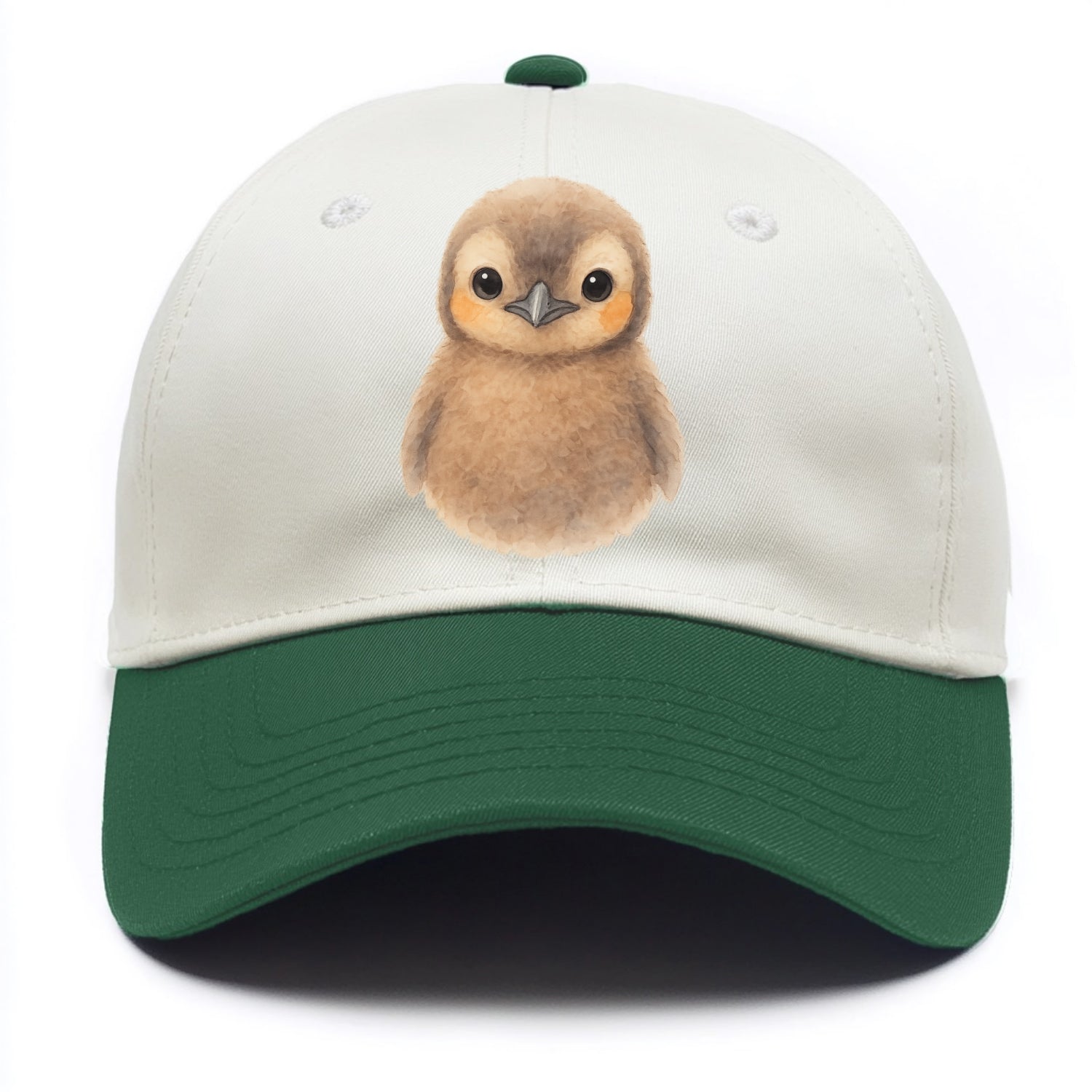 Baby King Penguin - orange cheek patches, fluffy brown, large eyes, front-facing, - Two Tone Cap - Green