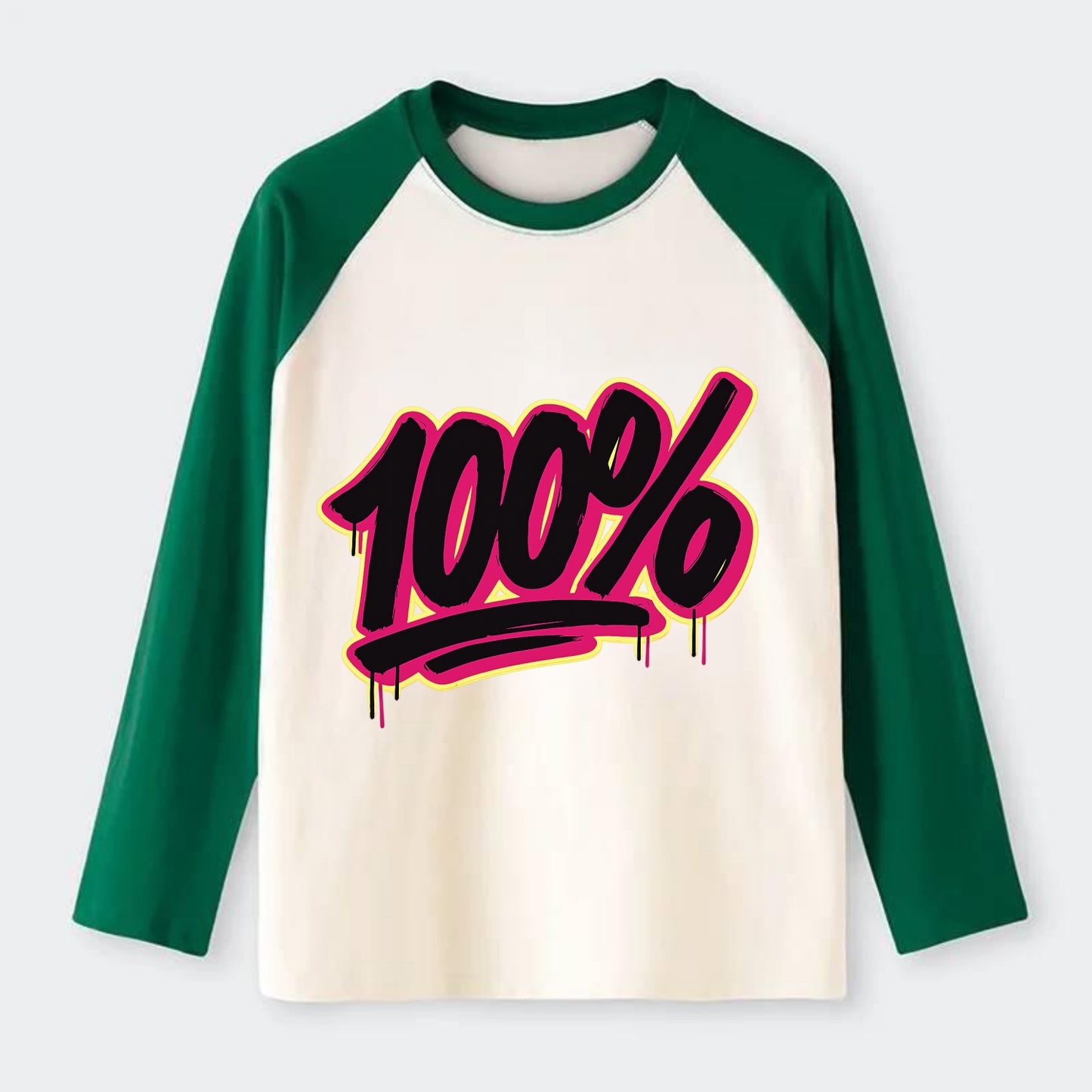 Bold typography design - "100%" - all in, fully committed - Raglan Long Sleeve T-Shirt - Green