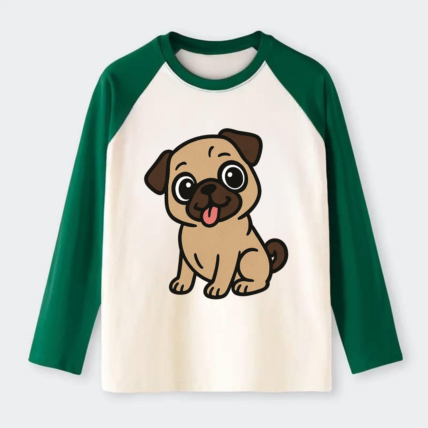 Pug - Tilted head with tongue out - Raglan Long Sleeve T-Shirt - Green