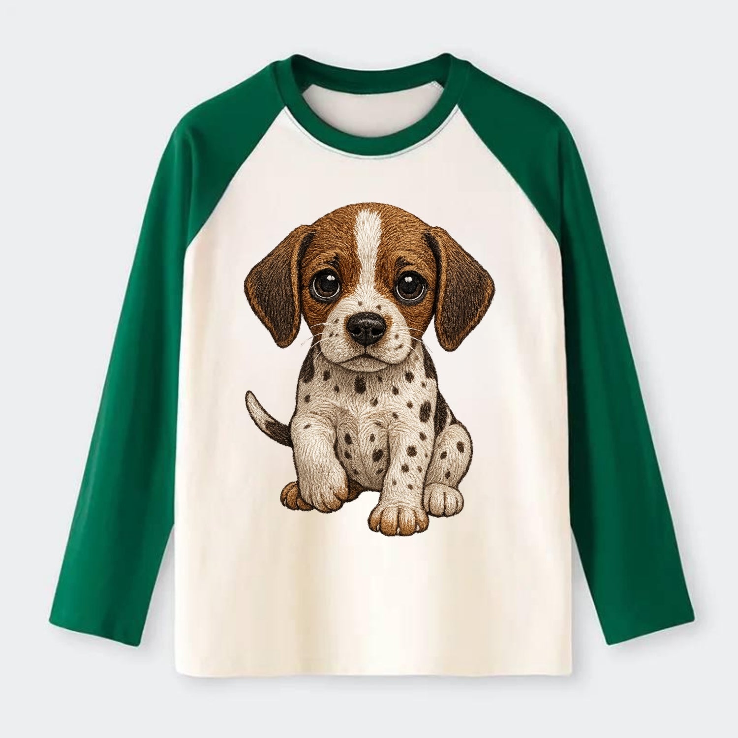 Baby Pointer Puppy - spotted coat, noble stance, alert eyes, - Raglan Long Sleeve T-Shirt - Green