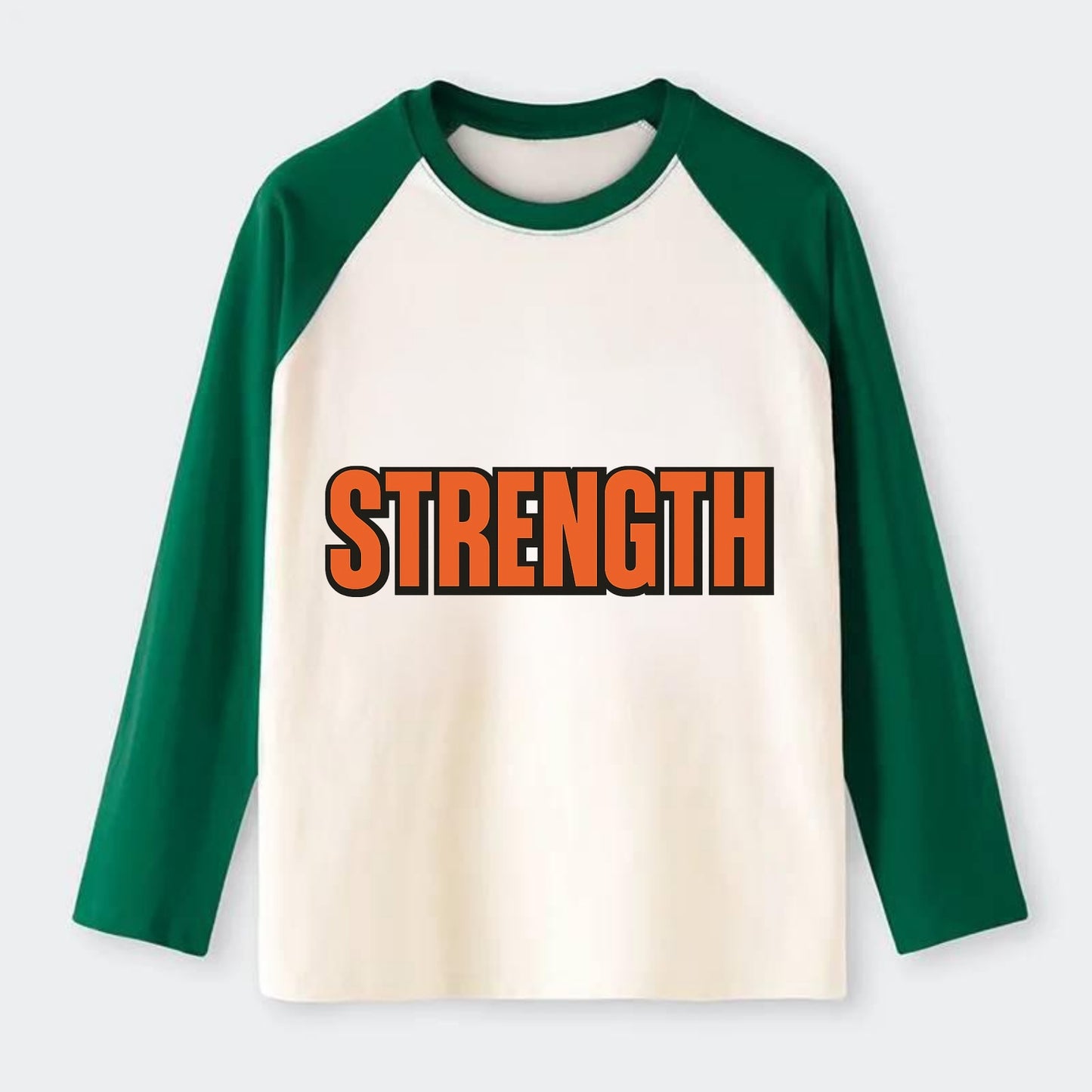 Bold typography design - "STRENGTH" - inner power, resilience, - Raglan Long Sleeve T-Shirt - Green