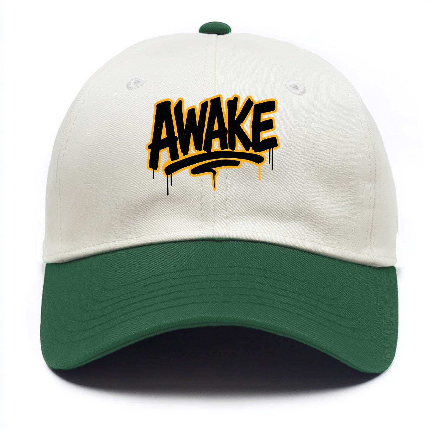 Bold typography design - "AWAKE" - conscious, aware, alert - Two Tone Cap - Green