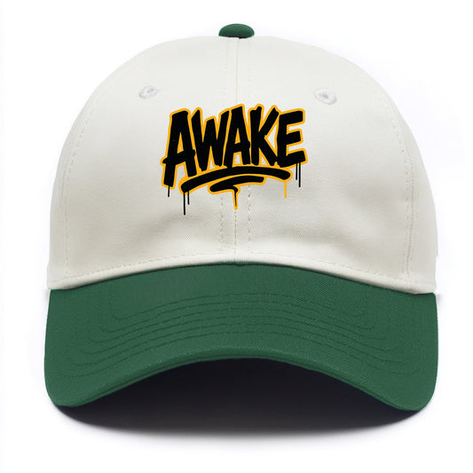 Bold typography design - "AWAKE" - conscious, aware, alert - Two Tone Cap - Green
