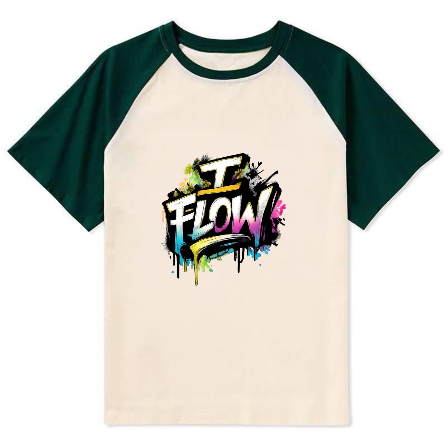 Bold typography design - "I FLOW" - going with life, easy movement - Contrast Raglan T-shirt - Green