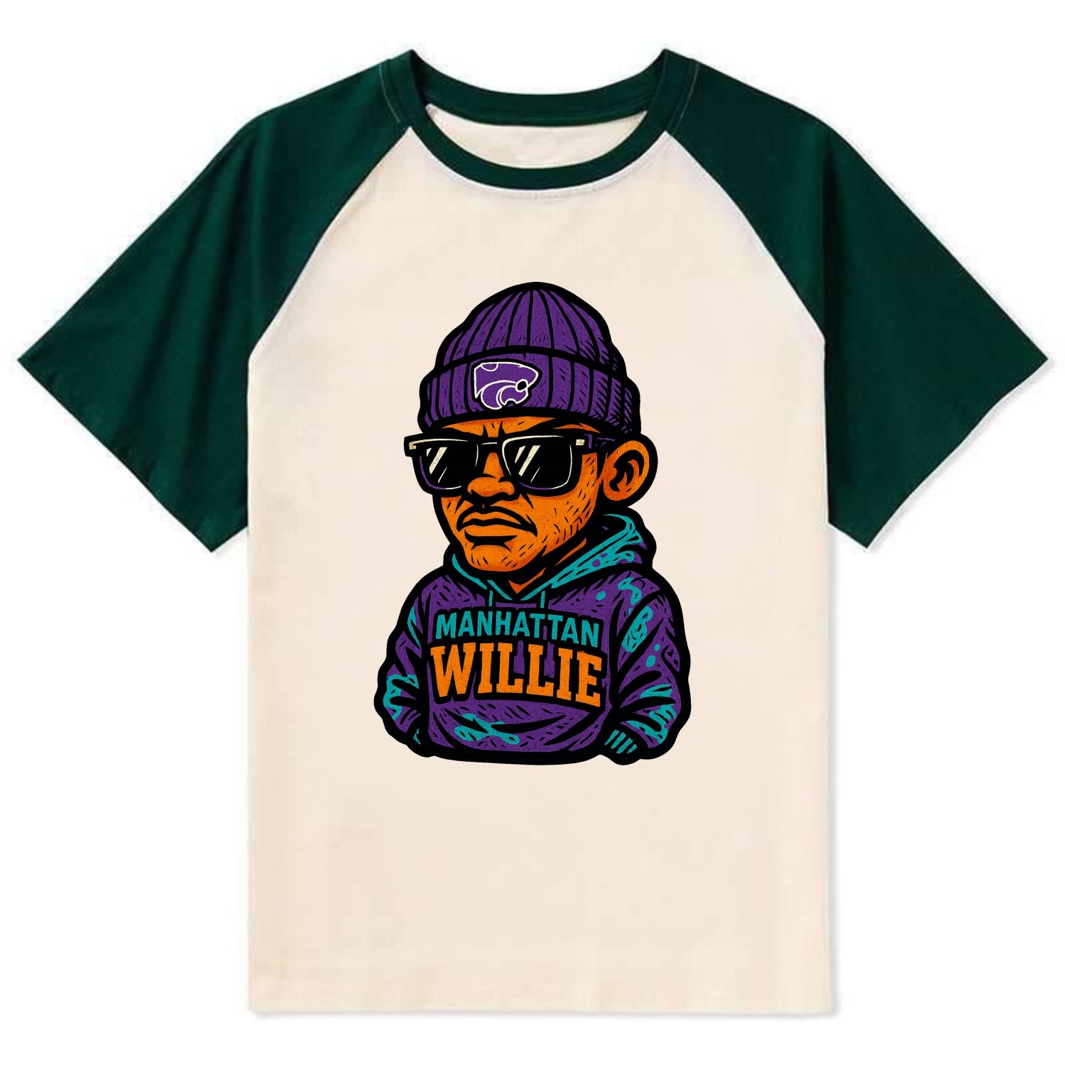 Manhattan Willie wearing Kansas State beanie with powercat patch - Contrast Raglan T-shirt - Green