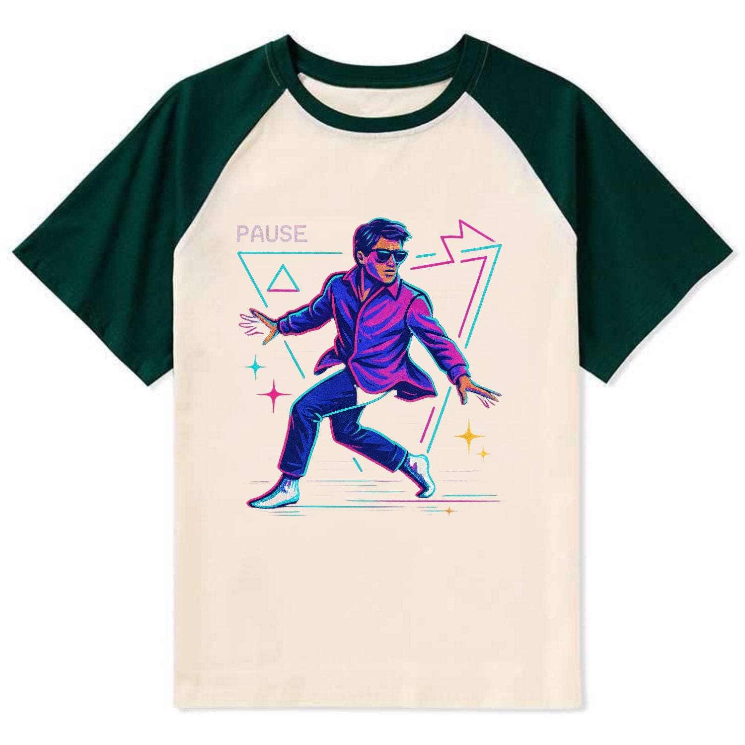 confident figure sliding across polished wooden floor in socks and - Contrast Raglan T-shirt - Green