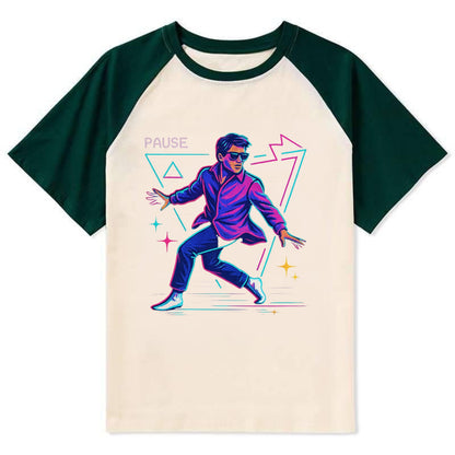 confident figure sliding across polished wooden floor in socks and - Contrast Raglan T-shirt - Green