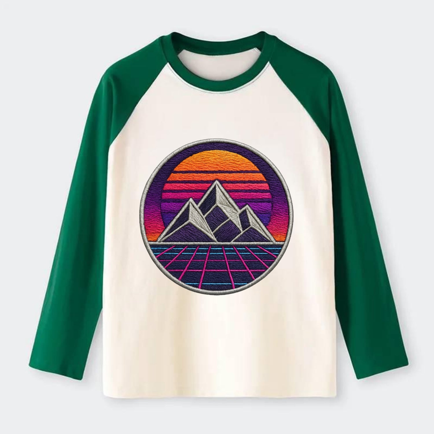 Retrowave Mountains - Raglan Long Sleeve T-Shirt - Green