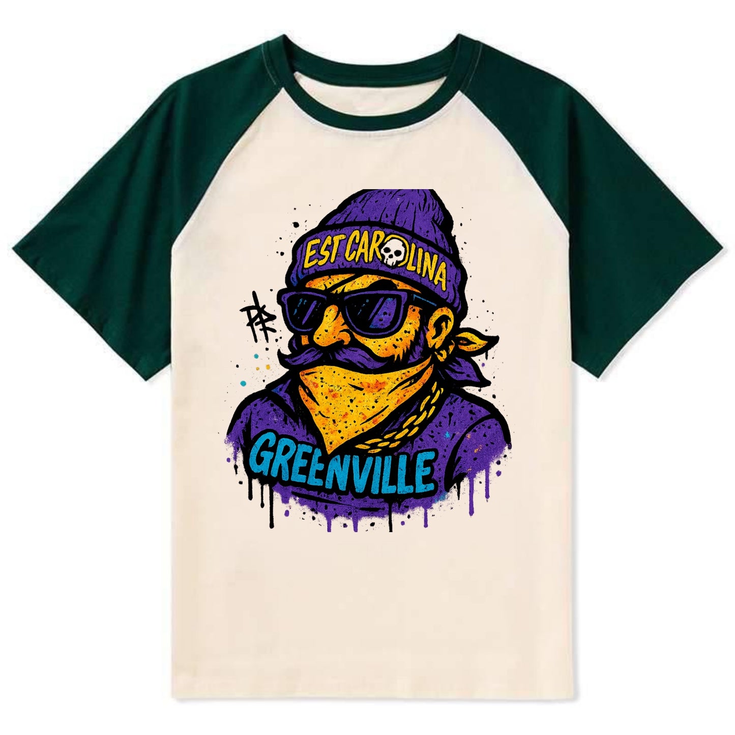 Greenville Pirate wearing East Carolina beanie with skull patch - Contrast Raglan T-shirt - Green