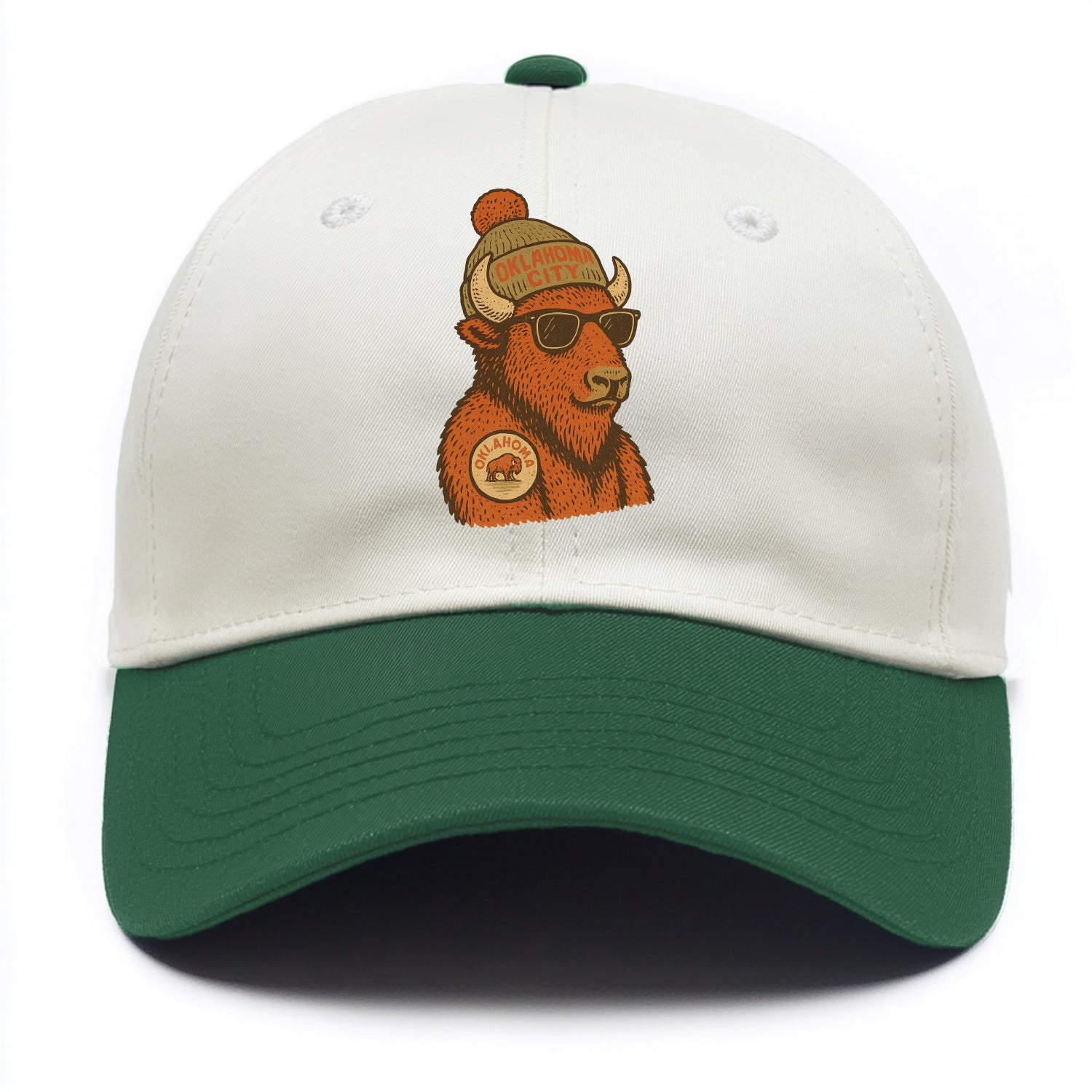 Oklahoma Buffalo wearing Oklahoma City beanie with pom pom and wayfarer sunglasses - Two Tone Cap - Green