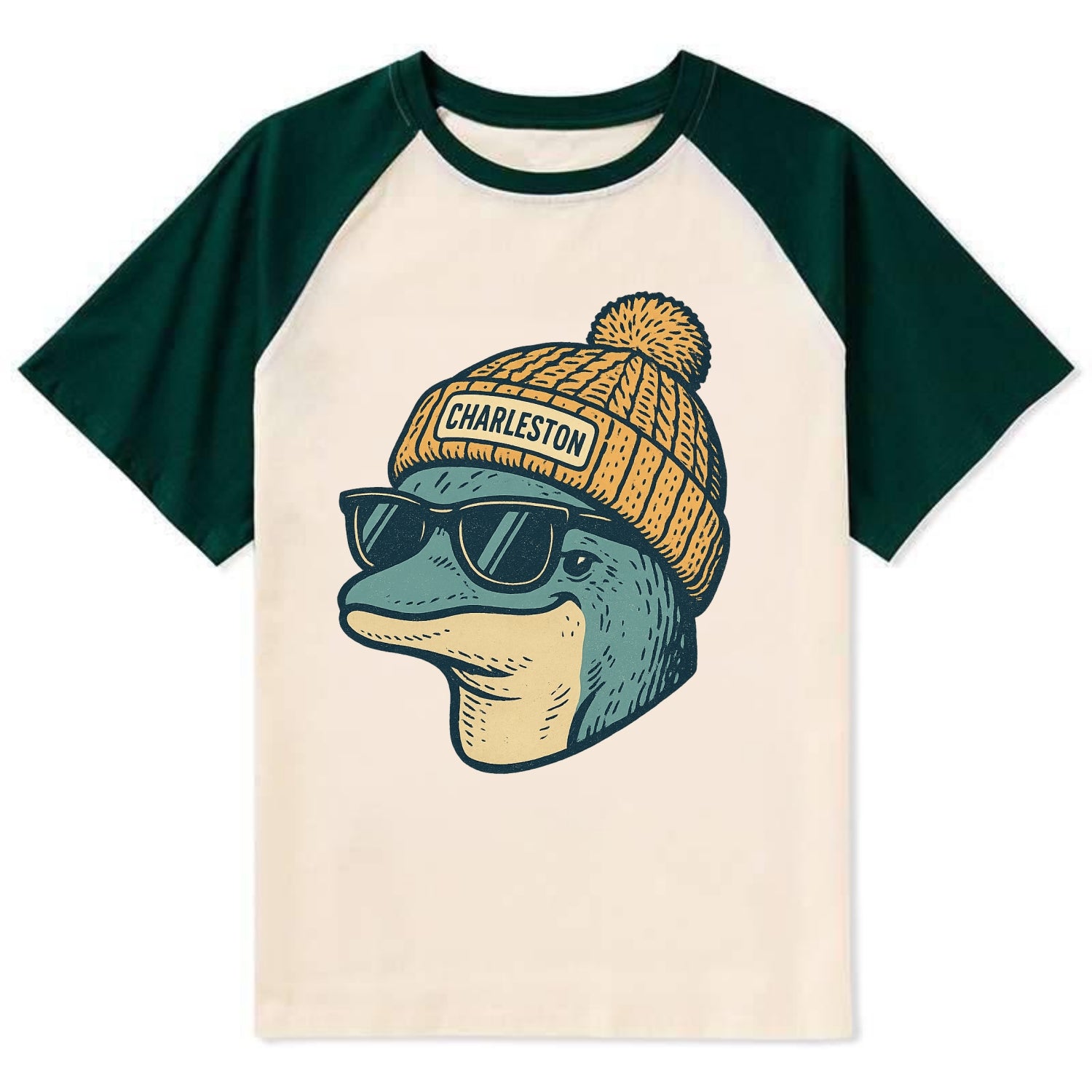 Charleston Dolphin wearing Charleston beanie with pom pom and wayfarer - Contrast Raglan T-shirt - Green