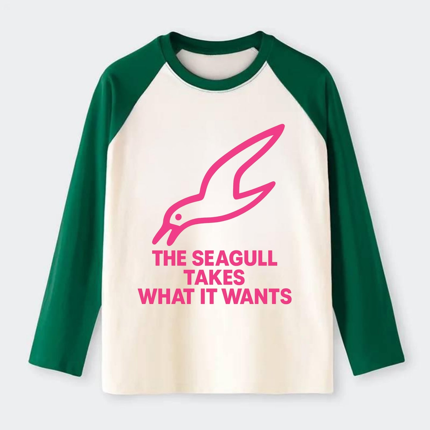 THE SEAGULL TAKES WHAT IT WANTS | Aggressive seagull diving down - Raglan Long Sleeve T-Shirt - Green