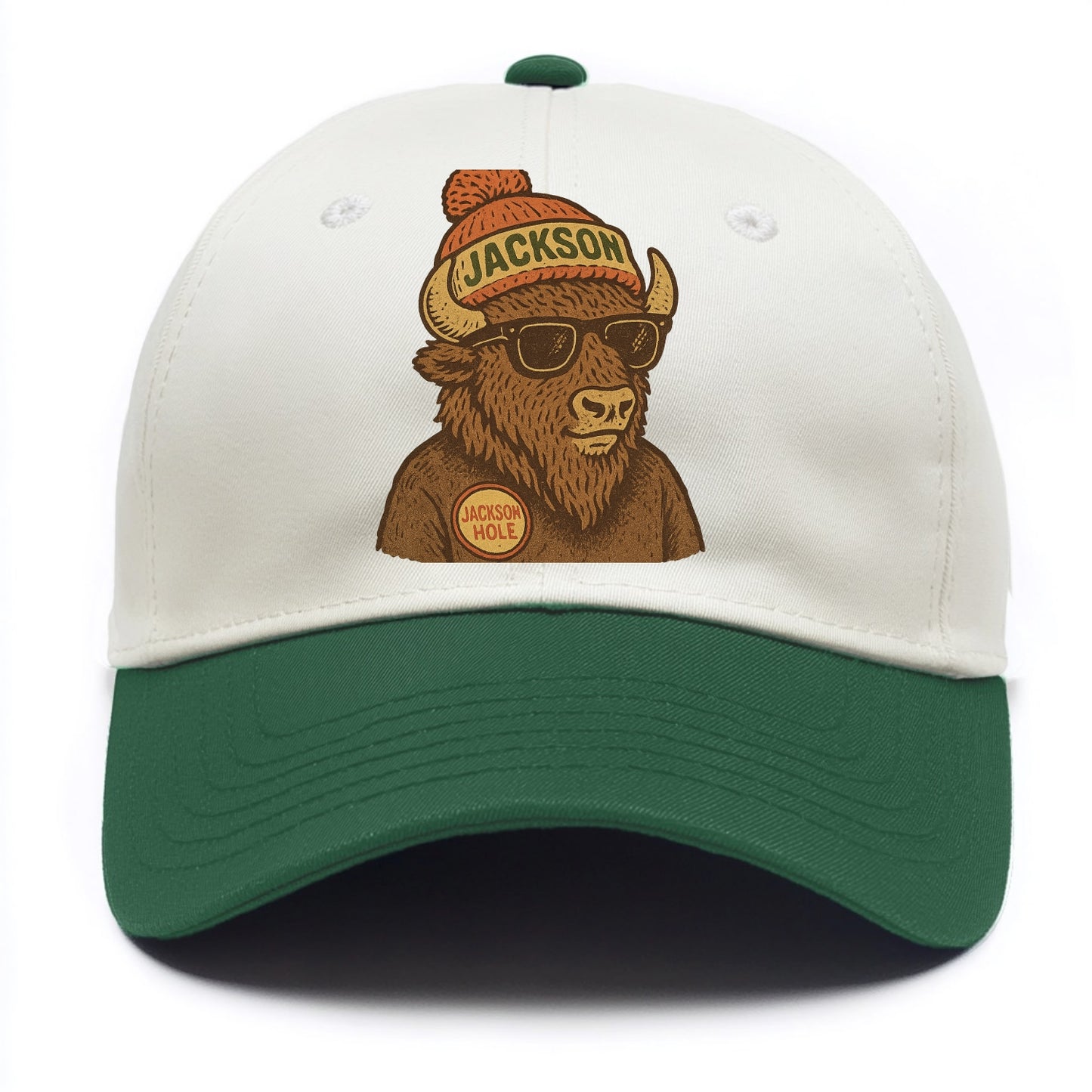 Jackson Hole Bison wearing Jackson beanie with pom pom and wayfarer sunglasses - Two Tone Cap - Green