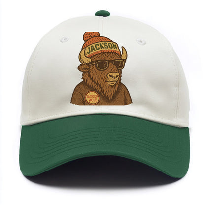Jackson Hole Bison wearing Jackson beanie with pom pom and wayfarer sunglasses - Two Tone Cap - Green