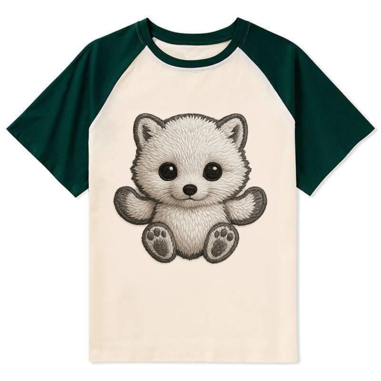 Baby Arctic Fox - white fluffy, tiny black nose, bright curious eyes, - Contrast Raglan T-shirt - Green