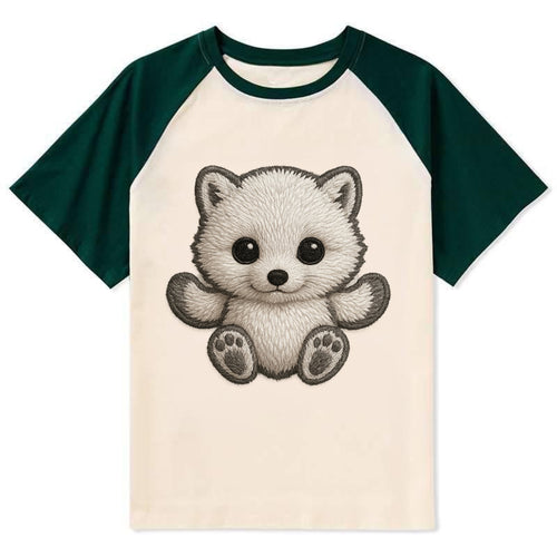 Baby Arctic Fox - white fluffy, tiny black nose, bright curious eyes, - Contrast Raglan T-shirt